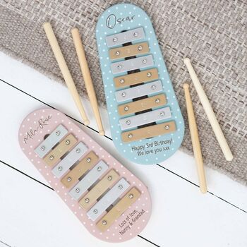 Personalised Polka Dot Kids Metal Xylophone Toy Blue, 2 of 2