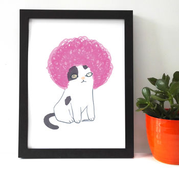 Cat In Pink Afro Wig Giclee Print, 2 of 2