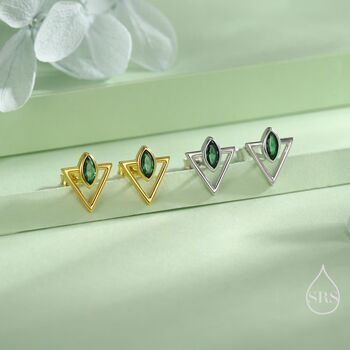 Sterling Silver Triangle And Emerald Green Marquise Cz Arrow Stud Earrings, 6 of 12