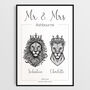Personalised Mr And Mrs Print Royal Lion Portraits Wall Art, thumbnail 3 of 7