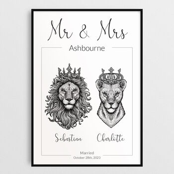 Personalised Mr And Mrs Print Royal Lion Portraits Wall Art, 3 of 7