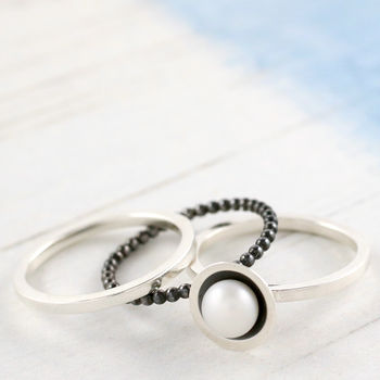 Pearl Stacking Ring Set. Oxidised Sterling Silver, 8 of 8