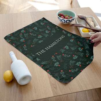 Personalised Christmas Holly Wallpaper Tea Towel, 2 of 6