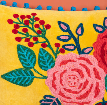 Saffron Yellow Floral Embroidered Cotton Velvet Cushion, 4 of 7