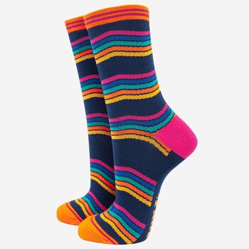 Women's Navy Blue Rainbow Stripe Bamboo Socks, 2 of 4