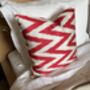 Square Ikat Silk Cushion Coral Red Zigzag, thumbnail 8 of 9
