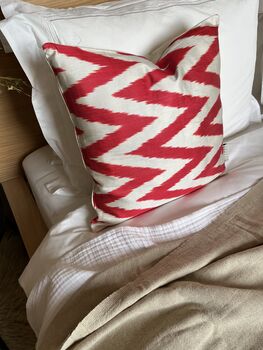 Square Ikat Silk Cushion Coral Red Zigzag, 8 of 9