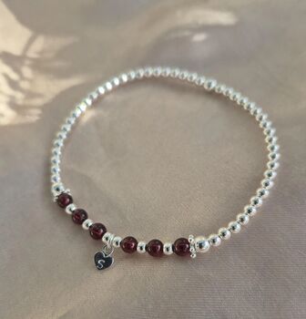 Sterling Silver January Garnet Beaded Bracelet: January Birthstone, Personalised Heart Charm, 3 of 8