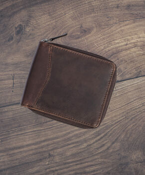 Men's Brown Leather Wallet Zip Around Rugged Leather Rfid Protected, 2 of 7