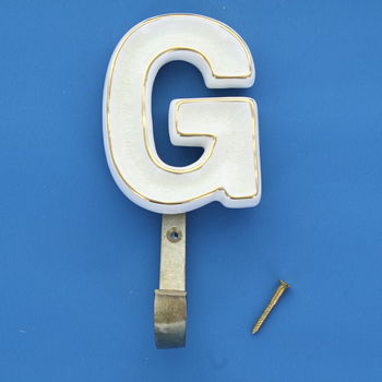 Alphabet Cream Crackle Glazed Hooks In Antique Brass, 4 of 9