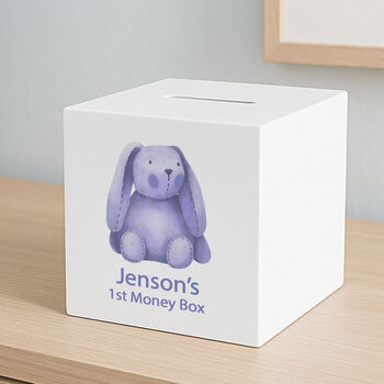 Personalised Blue Bunny Baby's First Wooden Money Box, 3 of 3