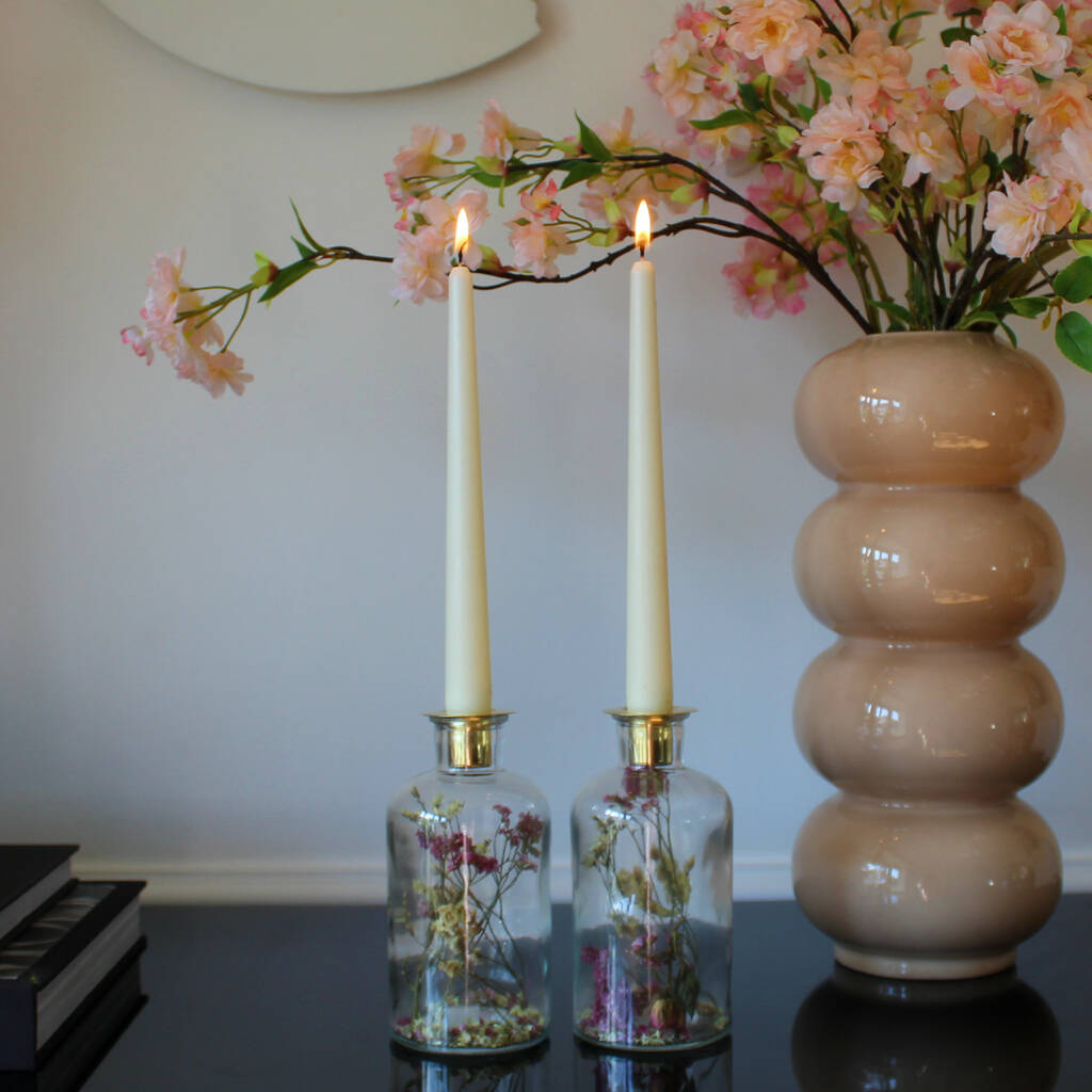 Dried Flower Candlesticks Set With Taper Candles By Objet Dahlia Notonthehighstreet Com