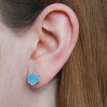Sterling Silver Hexagon Pave Turquoise Stud Earrings, 3 of 6