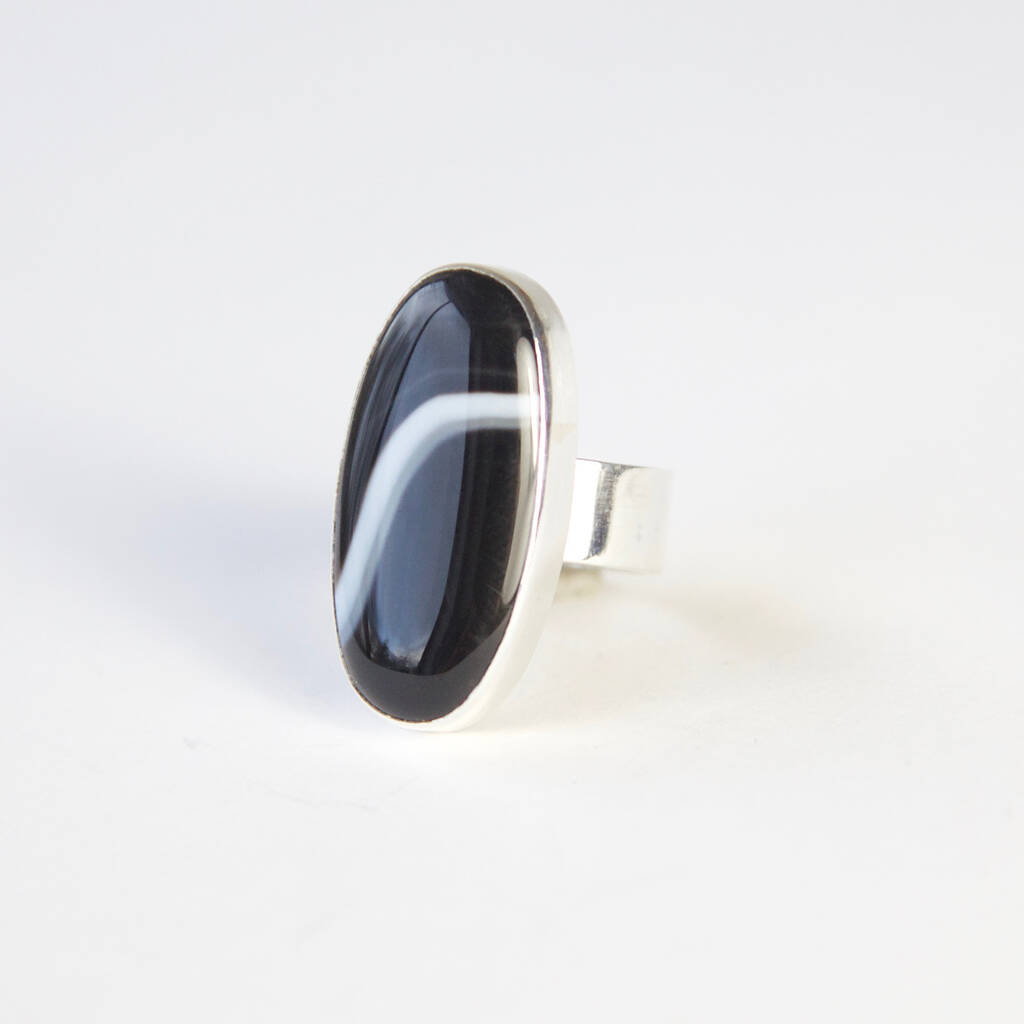 Black Banded Agate And Sterling Silver Gemstone Ring, 1 of 12