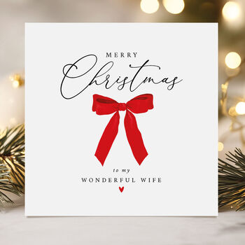 Christmas Card For Wife / Husband: Festive Red Bow And Red Heart Design, 3 of 12