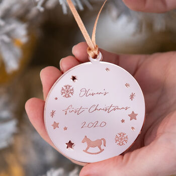 Engraved Rose Gold Baby's First Christmas Bauble, 2 of 3