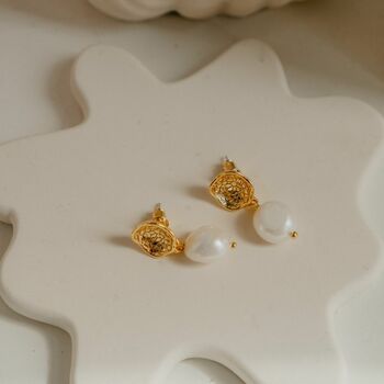 Hammered Top And Pearl Drop 18k Gold Plated Earrings, 2 of 2