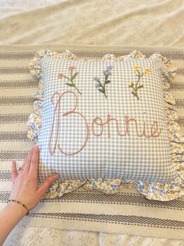 Personalised Embroidered Cushion Ditsy Blue Floral And Gingham, 2 of 5