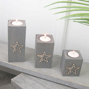 Trio Of Wooden Tea Light Holders Raised Star Design, 4 of 9