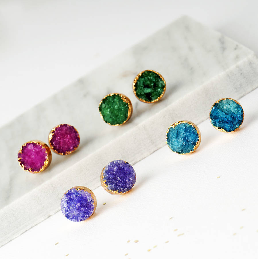 Druzy Crystal Round Stud Earrings By Grace & Valour