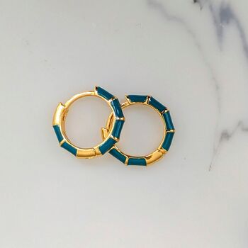 Bamboo Accent Teal Enamel Gold Plated Hoop Earrings, 3 of 4