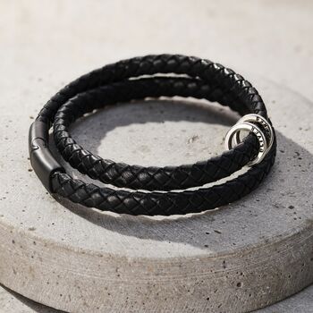Men's Personalised Black Leather Message Bracelet, 2 of 6
