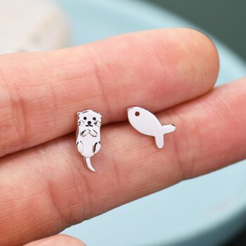 Sterling Silver Mismatched Otter And Fish Stud Earrings, 2 of 12