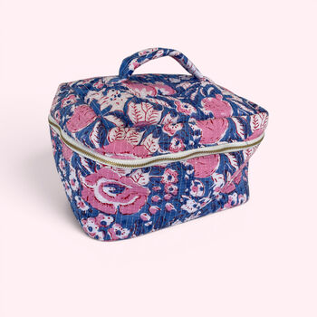 Vanity Bag | Quilted Cotton Toiletry Bag | Blue And Pink Floral Block Print, 2 of 5