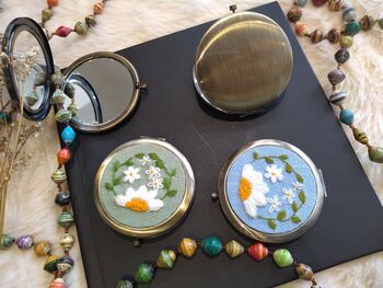Linen Compact Mirror With Hand Embroidered Flower, 2 of 5