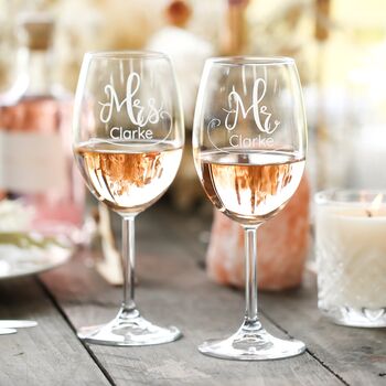 Set Of Two Personalised Mr And Mrs Wedding Wine Glasses, 3 of 5