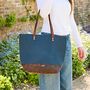 Personalised Buffalo Leather And Blue Canvas Tote Bag, thumbnail 1 of 6