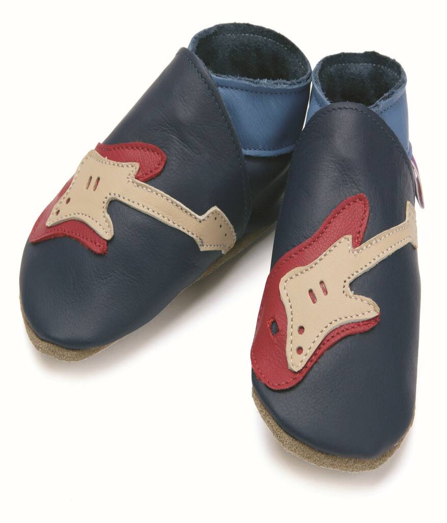 Boys Soft Leather Baby Shoes Guitar Navy