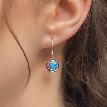 Simple Molten Sterling Silver Blue Opal Drop Earrings, 2 of 7
