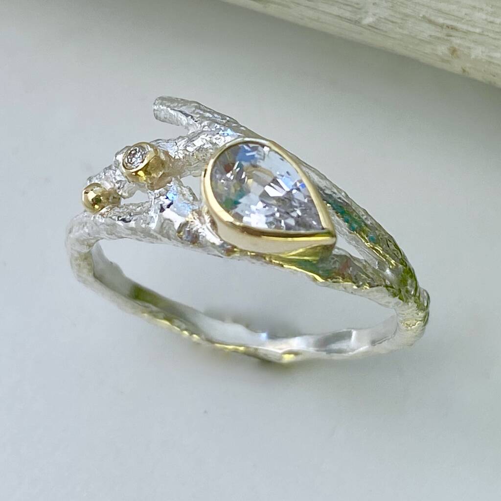 White Sapphire And Diamond Elvish Twig Engagement Ring, 1 of 10