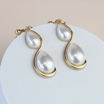 Gold Teardrop Pearl Dangle Clip On Earrings, 2 of 3