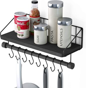 Black Wall Mounted Floating Kitchen Shelf With Hooks, 5 of 8