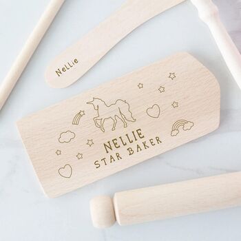 Personalised Unicorn Kids Wooden Baking Set, 3 of 8
