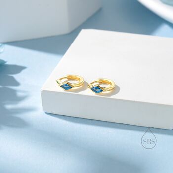 Tiny Rhombus Aquamarine Blue Cz Huggie Hoop In Sterling Silver, 3 of 12