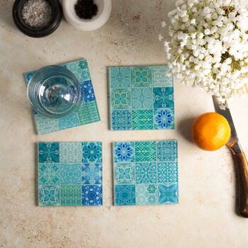 Turquoise Teal 'Mixed Tiles' Coaster Set, 5 of 11