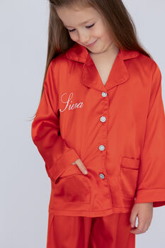 Personalised Girl's Luxury Red Christmas Silky Satin Pyjamas, 7 of 12