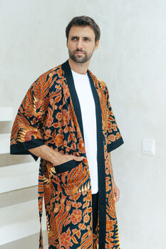 Men's Batik Kimono Robe In Red And Black, 4 of 7