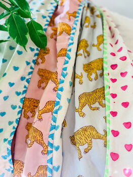 Handmade Block Print Dohar Blanket | Baby Blue Tiger, 6 of 7