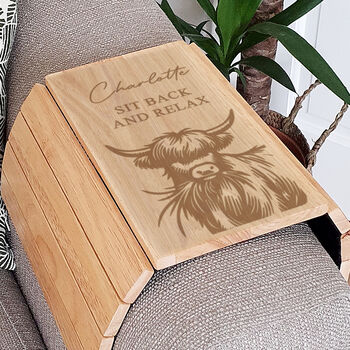 Personalised Highland Cow Wooden Sofa Tray Gift, 2 of 5