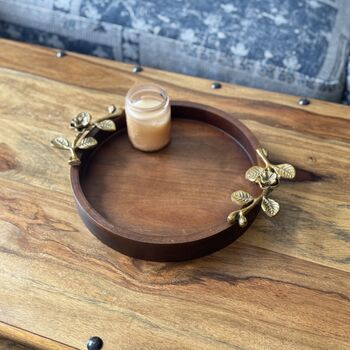 Mango Wood Round Tray With Antique Gold Handles, 11 of 12
