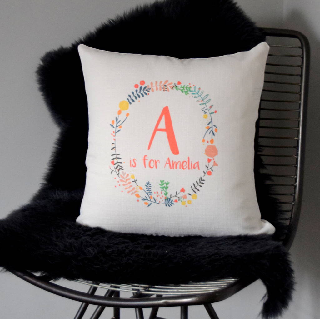 Personalised Kids Floral Wreath Initial Cushion, 1 of 4