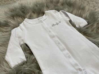 Personalised Embroidered White Cotton Baby Sleepsuit, 2 of 6
