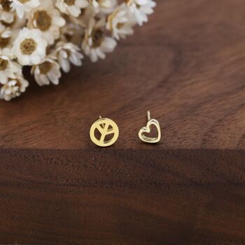 Tiny Mismatched Peace And Love Symbol Stud Earrings In Sterling Silver, 6 of 12