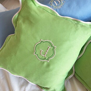 Monogram Scalloped Linen Cushion Cover, 4 of 6