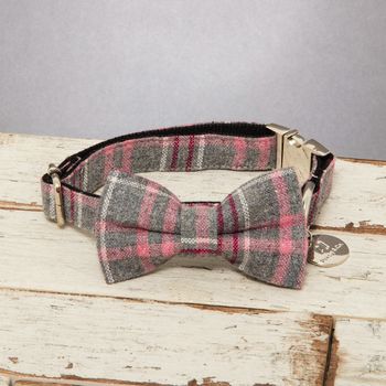 The Winchester Grey Pink Checked Dog Bow Tie Lead Set, 7 of 7