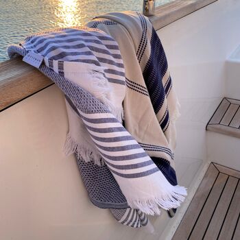 Leros Striped Peshtemal Towel Marine Blue, 7 of 12
